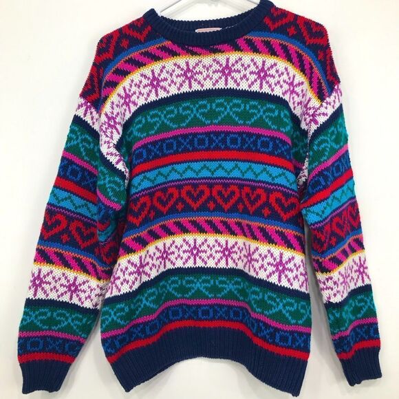 Ashley Colorful Design Stripe Knit Pullover Retro Crew Neck Sweater - Picture 1 of 15